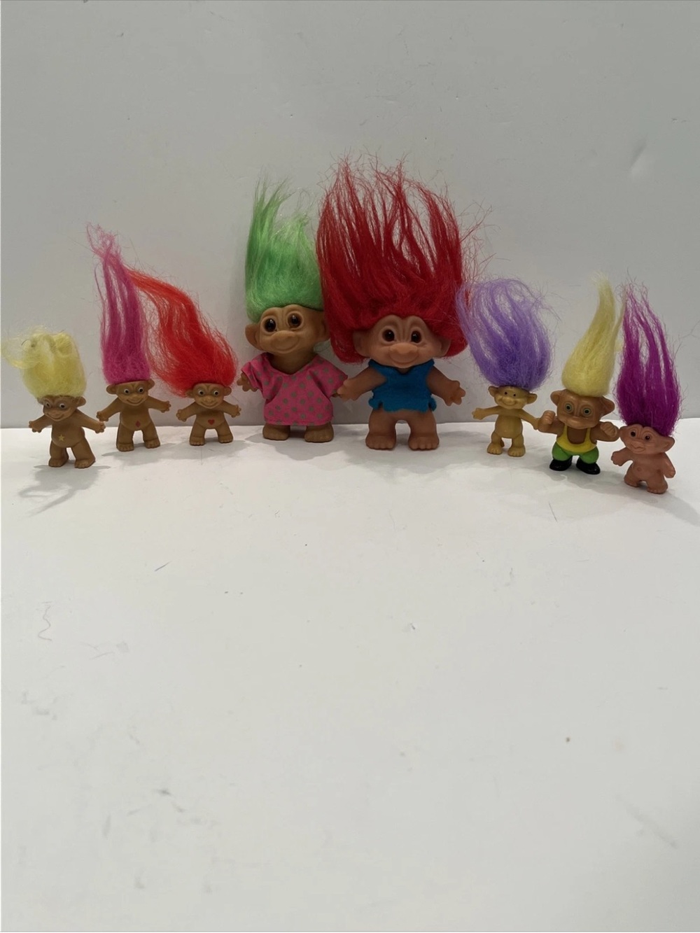 TROLL Dolls Lot Of 8 DAM Things, SOMA Others No Stamp. Yellow Purple Green Hair